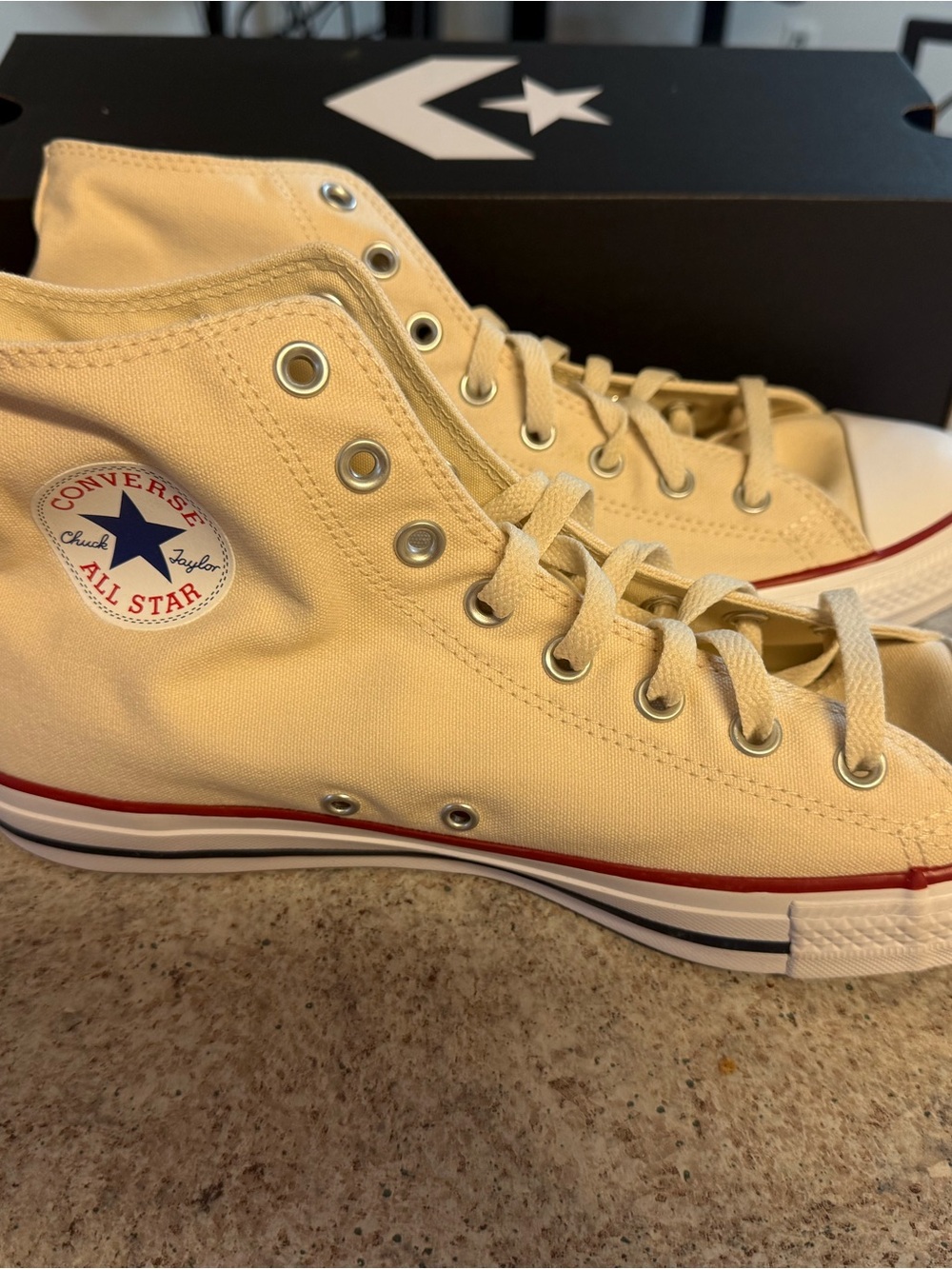 Converse High Top Sneakers in Cream with Red & Navy Accents. NEW In BOX